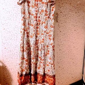 Boho Look Floral Contrast Border V Neck Midi Dress Size S